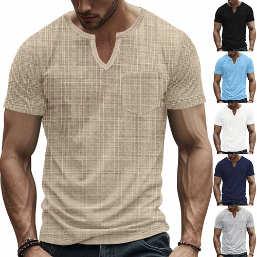 Men's short-sleeved shirt with slit V-neck structured linen look and patch chest pocket StylebySassy