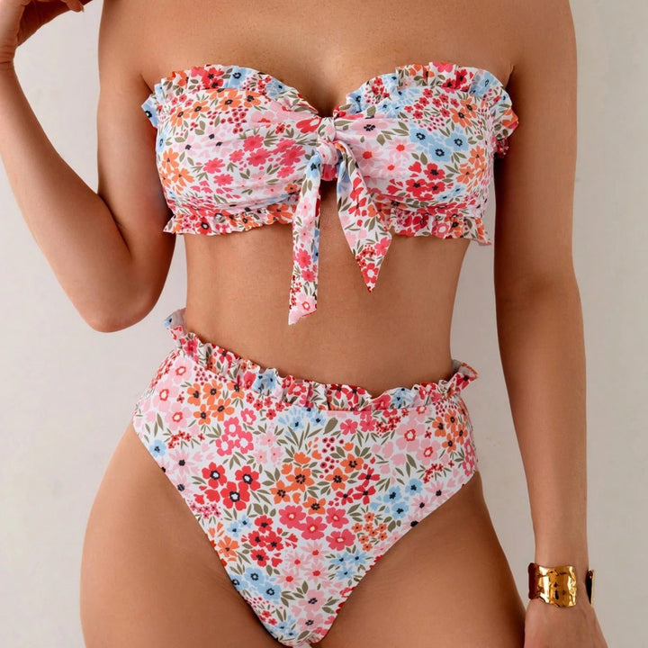 Women's bandeau bikini with playful ruffles and floral pattern StylebySassy
