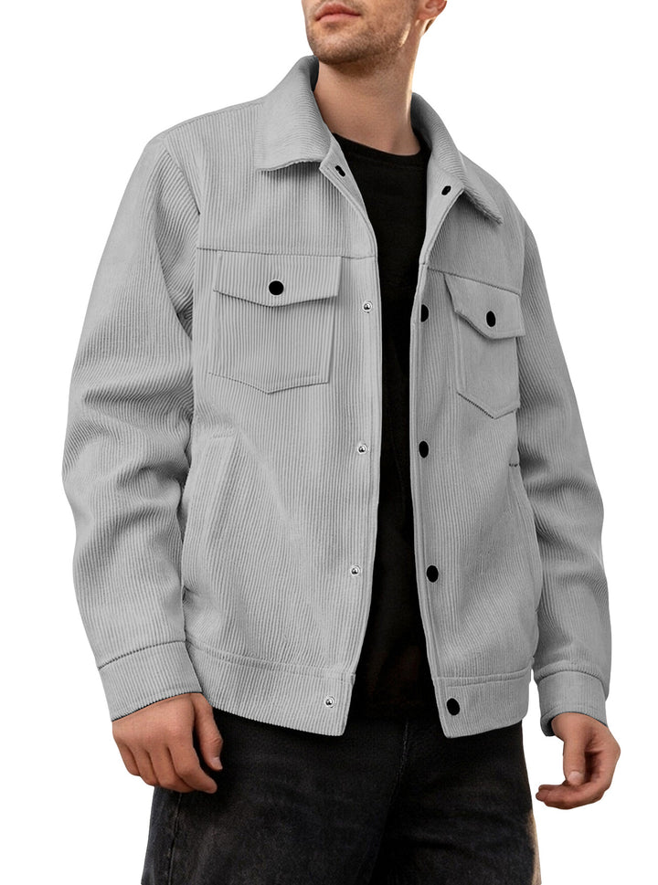 Men's cord jacket in the classic work jacket style with snap buttons and chest pockets StylebySassy