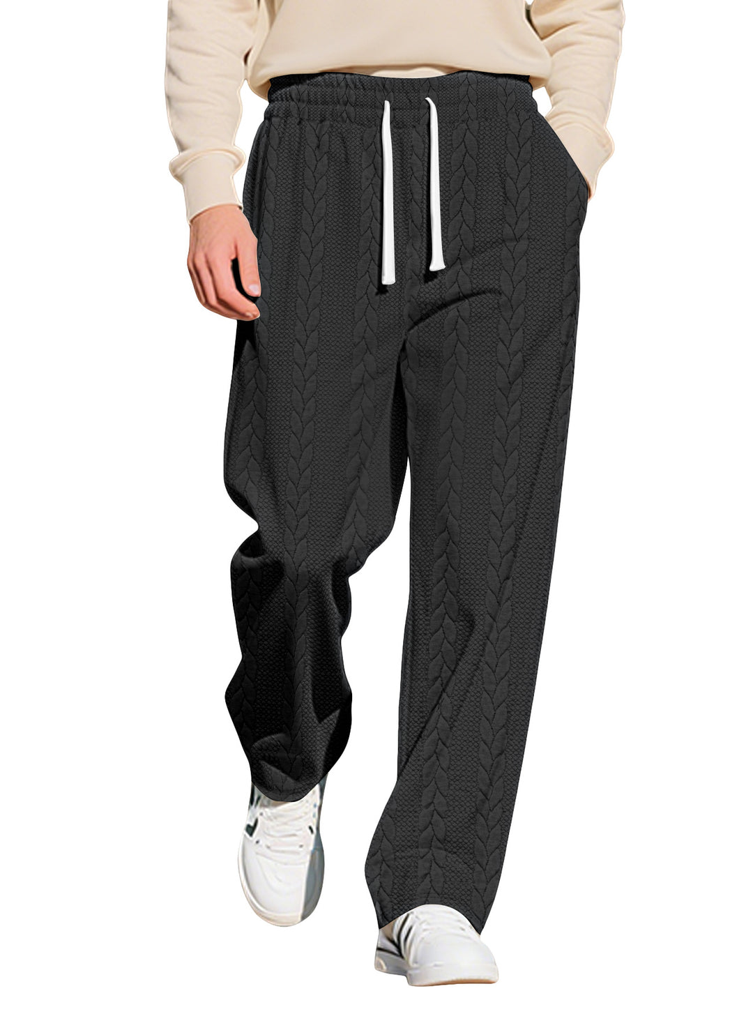 Men's loosely falling knit joggers with cable pattern and drawstring StylebySassy