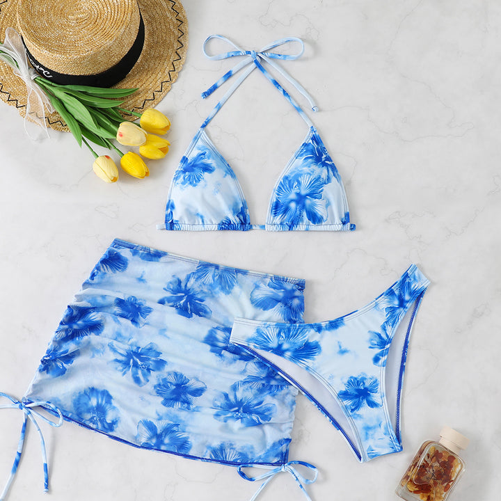 Women's Triangle Bikini Set with Adjustable Straps and Floral Wrap Skirt StylebySassy