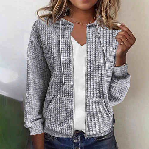 Women's quilted hooded jacket with waffle texture, full zip and kangaroo pockets StylebySassy