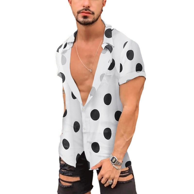 Men's short-sleeved shirt with large polka dot print, deep lapel collar and open button placket StylebySassy