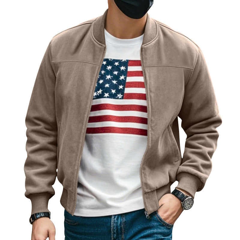 Men's suede look bomber jacket with zipper and ribbed cuffs StylebySassy