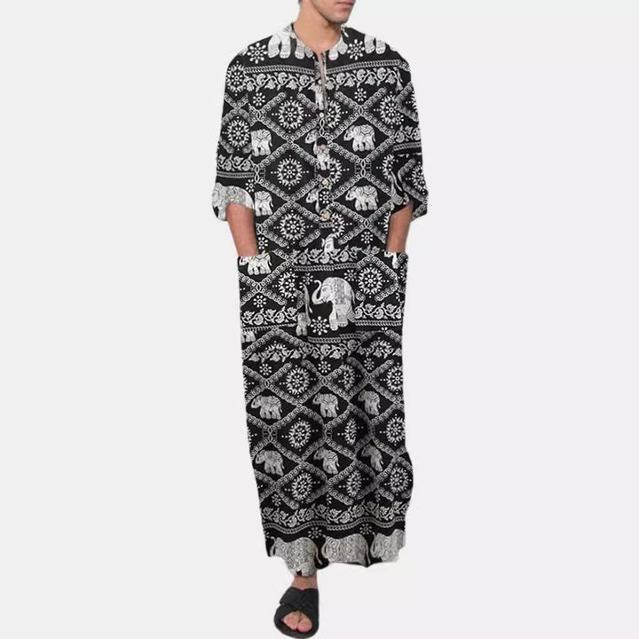 Ladies' Ethno-Maxi dress with stand-up collar, short button placket, dropped sleeves, and A-line cut StylebySassy