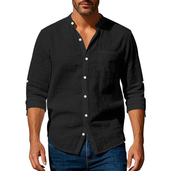 Men's linen-cotton shirt with stand-up collar, roll-up sleeves, and chest pocket StylebySassy