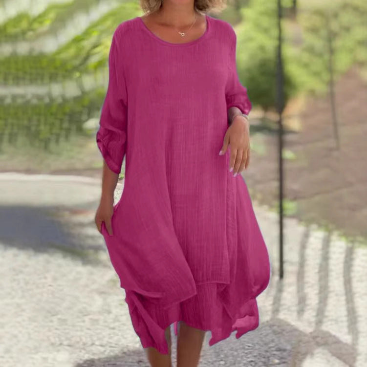 Women’s loose muslin layer midi dress with A-line and roll-up sleeves StylebySassy