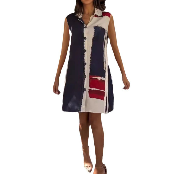 Women's sleeveless shirt tunic dress with collar, full button placket and graphic block print StylebySassy