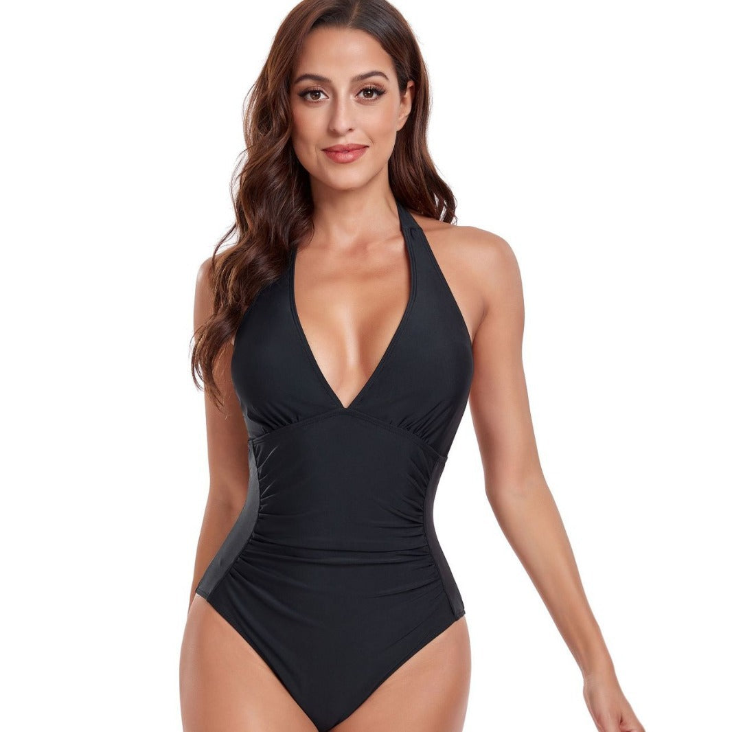 Ladies one-piece swimsuit with deep V-neckline and stylish animal print StylebySassy