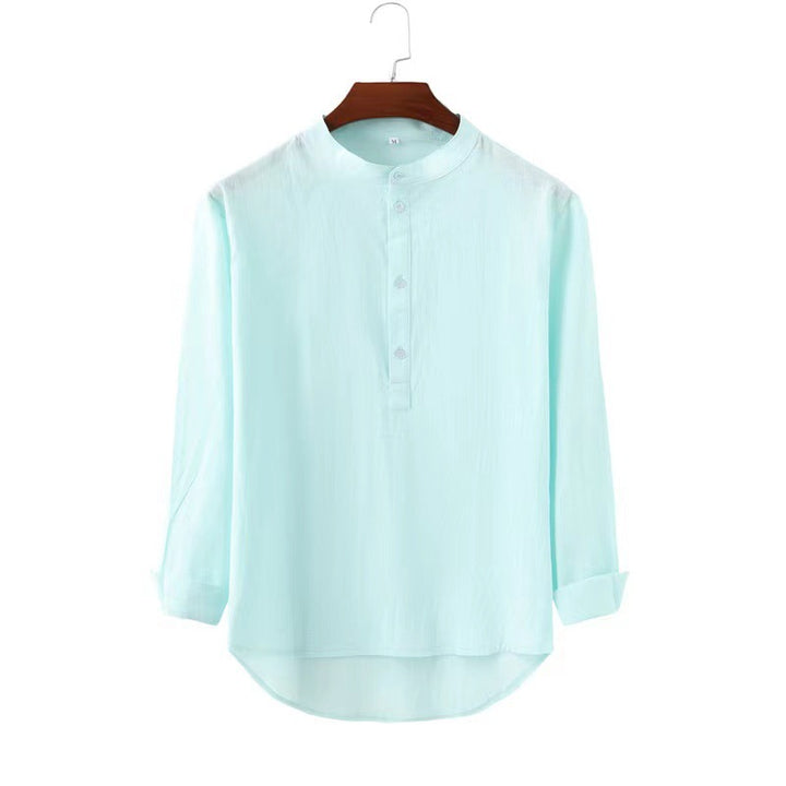 Men's casual shirt with stand-up collar, short button placket, and rounded hem StylebySassy