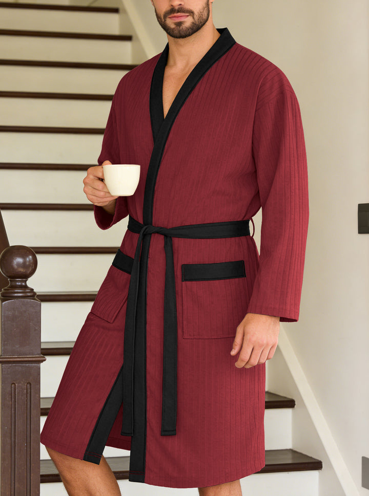 Men's lightweight cotton kimono bathrobe with waffle texture and patch pockets StylebySassy