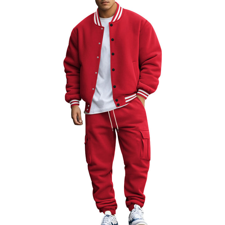 Men's sporty college two-piece made of heavy sweat with ribbed cuffs, snap-button bomber jacket and cargo jogger StylebySassy