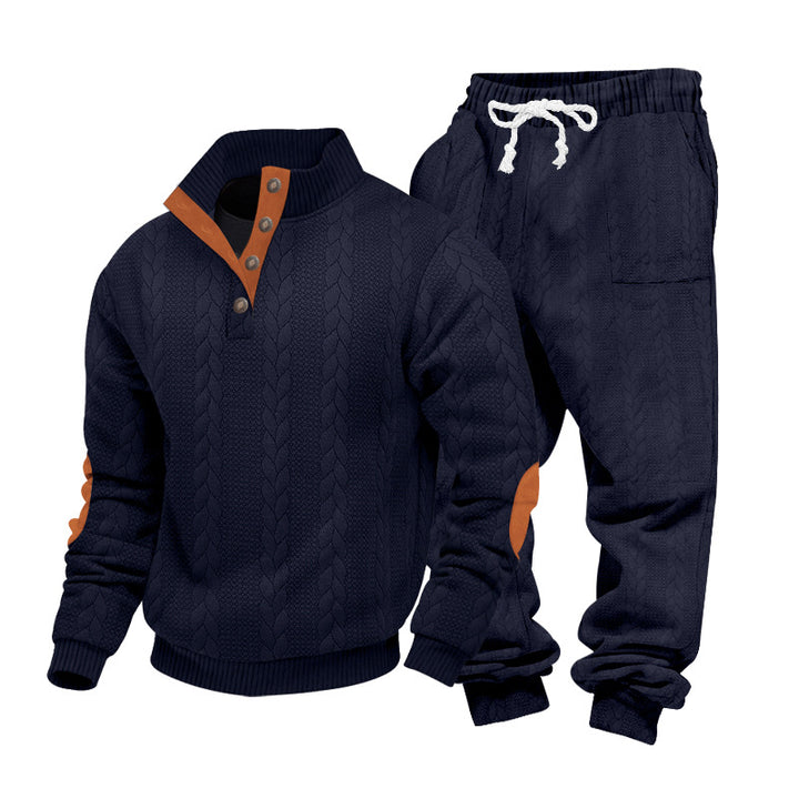 Men's knitted combination of sweater and joggers with cable pattern and elbow patches StylebySassy