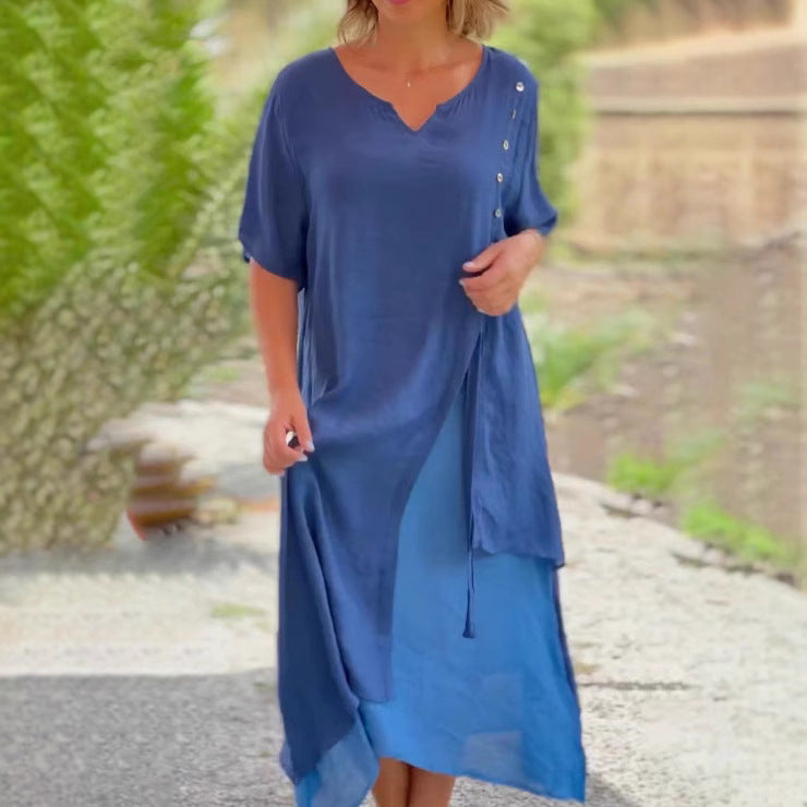 Women's double-layer shirt dress with asymmetric layered skirt, side decorative button placket, and drawstring StylebySassy