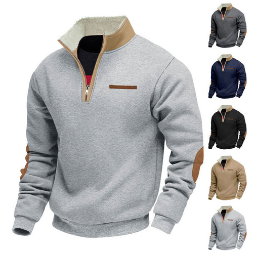 Men's half-zip troyer with teddy fleece collar and leather elbow patches StylebySassy