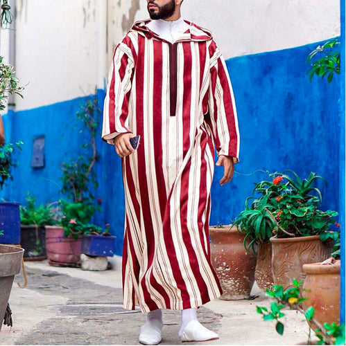 Ladies long hooded shirt dress with front zipper and vertical stripe pattern StylebySassy
