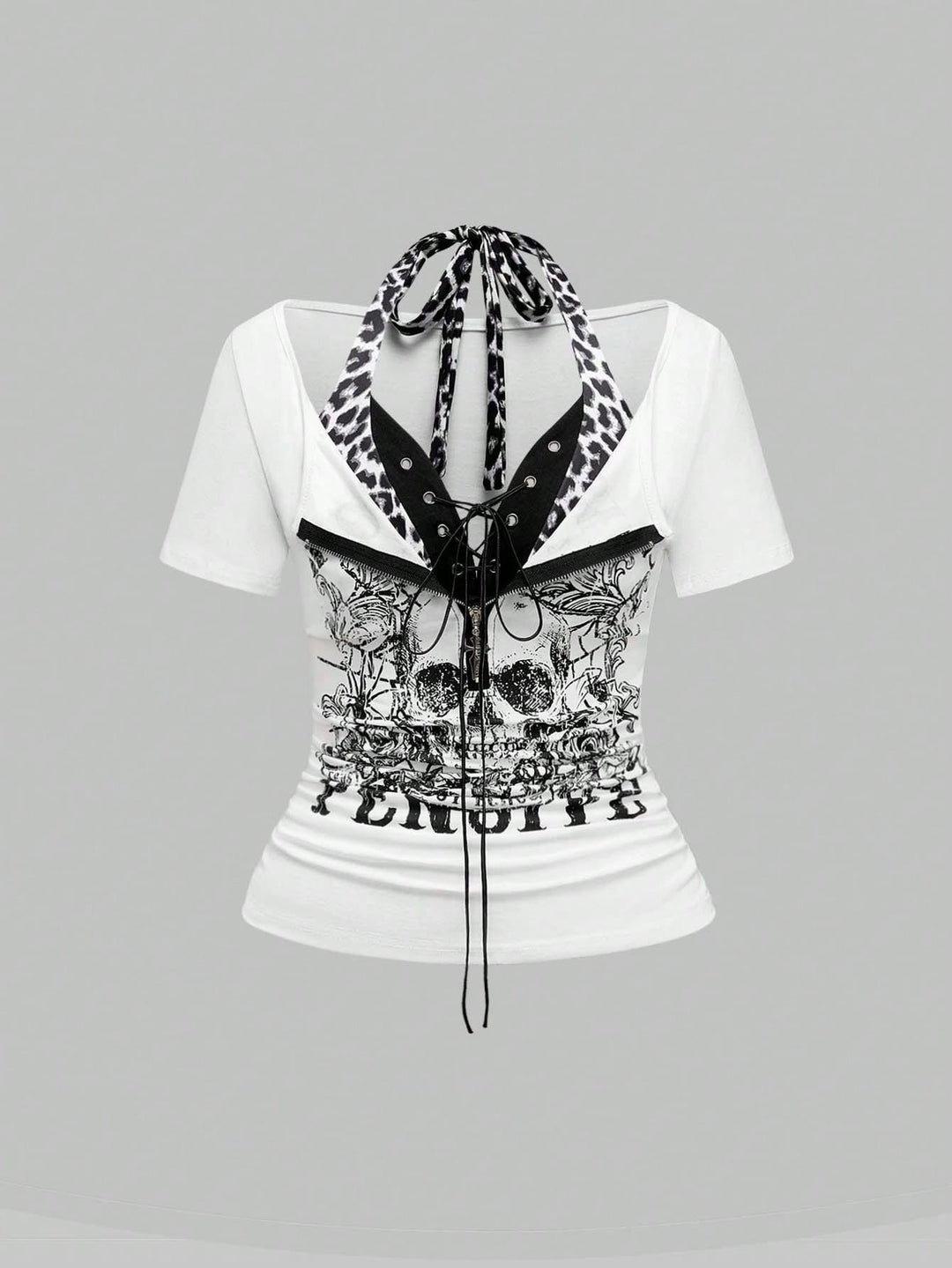 Women's Trendy Crop Top with Unique Graphic Print and Lace-Up Details StylebySassy