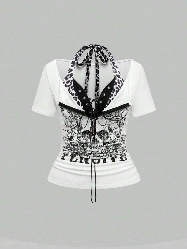 Women's Trendy Crop Top with Unique Graphic Print and Lace-Up Details StylebySassy