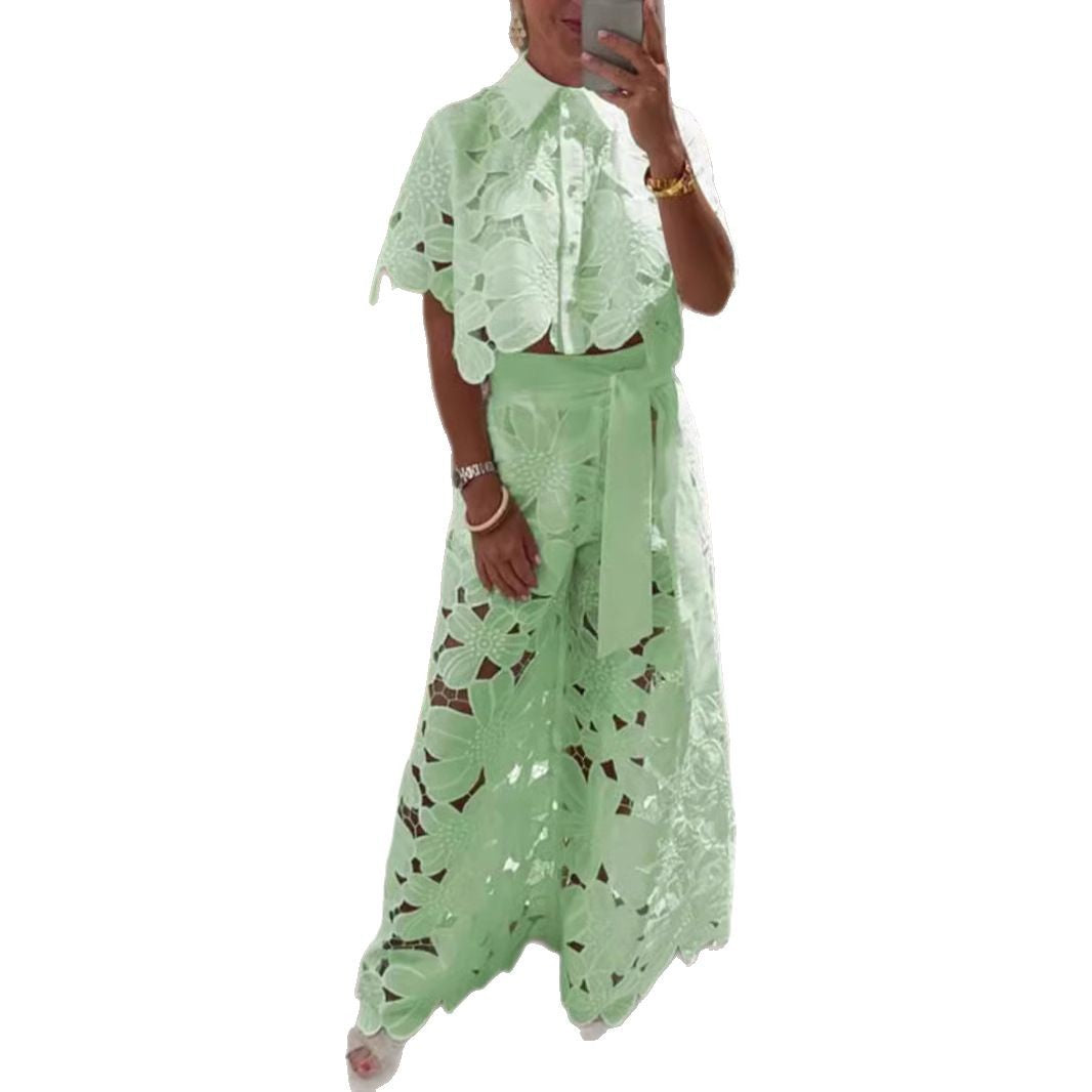 Ladies two-piece lace ensemble with crop top and wide palazzo pants StylebySassy
