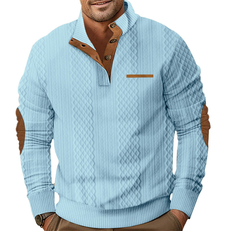 Men's knitted pullover with stand-up collar, button placket and elbow patches StylebySassy