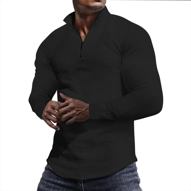 Men's tailored thermo half-zip pullover with waffle texture and standing collar StylebySassy