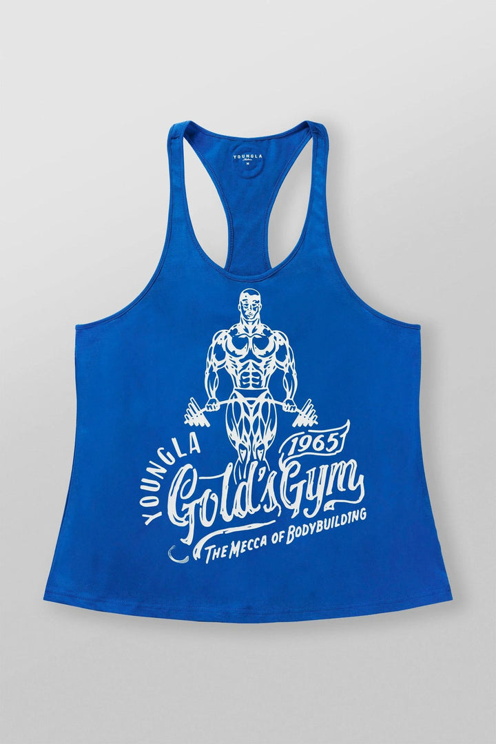 Men's nan athletic Stringer tank top backless cut with contrast piping and strength sports motif StylebySassy