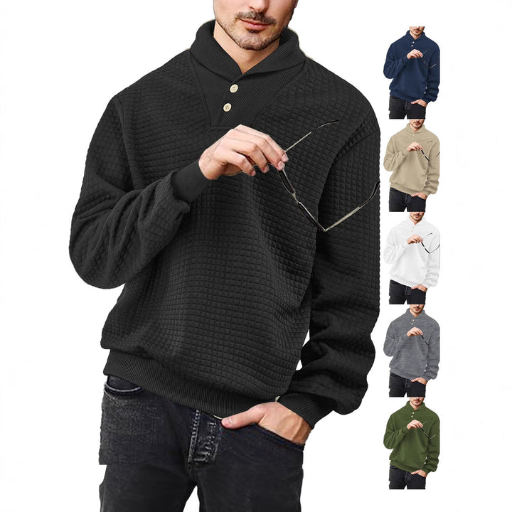 Men's elegant knitted pullover with shawl collar, button placket at neckline and check waffle texture StylebySassy