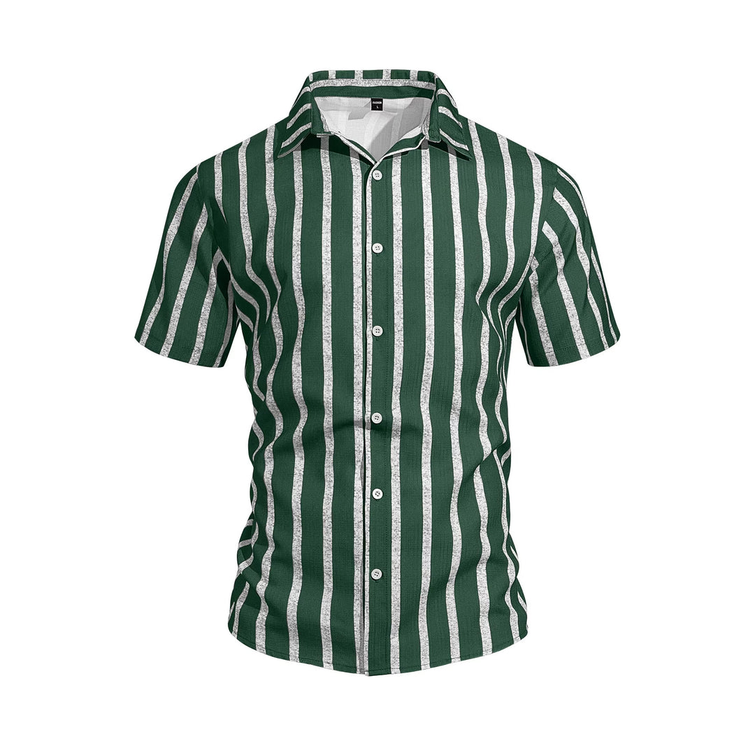 Men's casual short sleeve shirt with vertical block stripes, open lapel collar, and lightweight cotton-linen blend StylebySassy