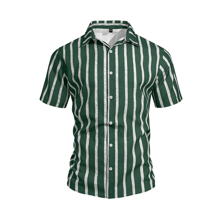 Men's casual short sleeve shirt with vertical block stripes, open lapel collar, and lightweight cotton-linen blend StylebySassy