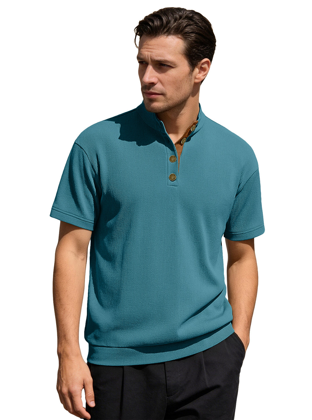 Men's Waffle Structure Short Sleeve Henley with Stand-Up Collar and Decorative Button Placket StylebySassy