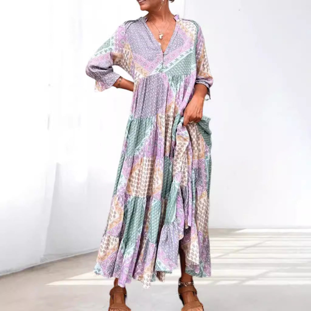 Women's nan Patchwork tiered maxi dress with V-neck, partial button placket, gathered yoke and side pockets StylebySassy