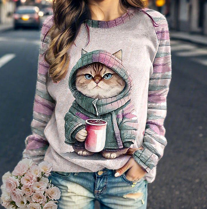 Women's casual sweatshirt with large kitten front print and striped raglan sleeves StylebySassy