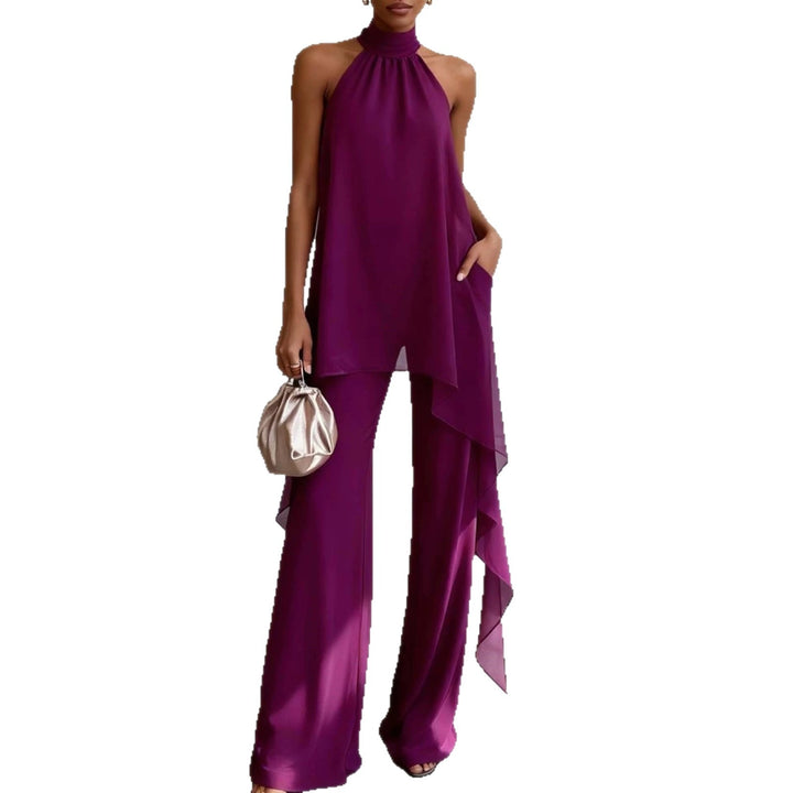 Ladies' elegant evening two-piece with gathered stand collar, asymmetrical ruffle, and flowing flared trousers StylebySassy