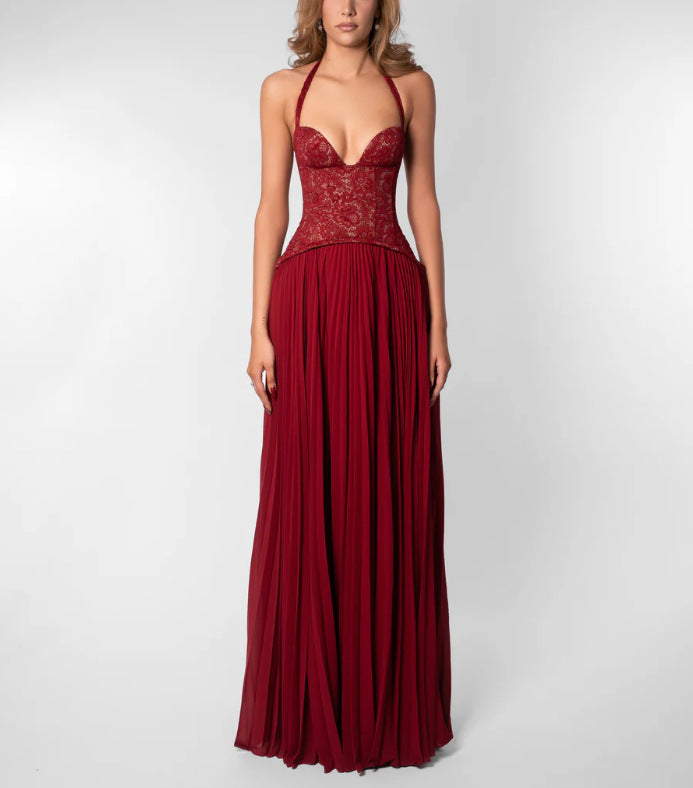 Ladies nan halter neck corset dress with lace corset and flowing pleated skirt StylebySassy
