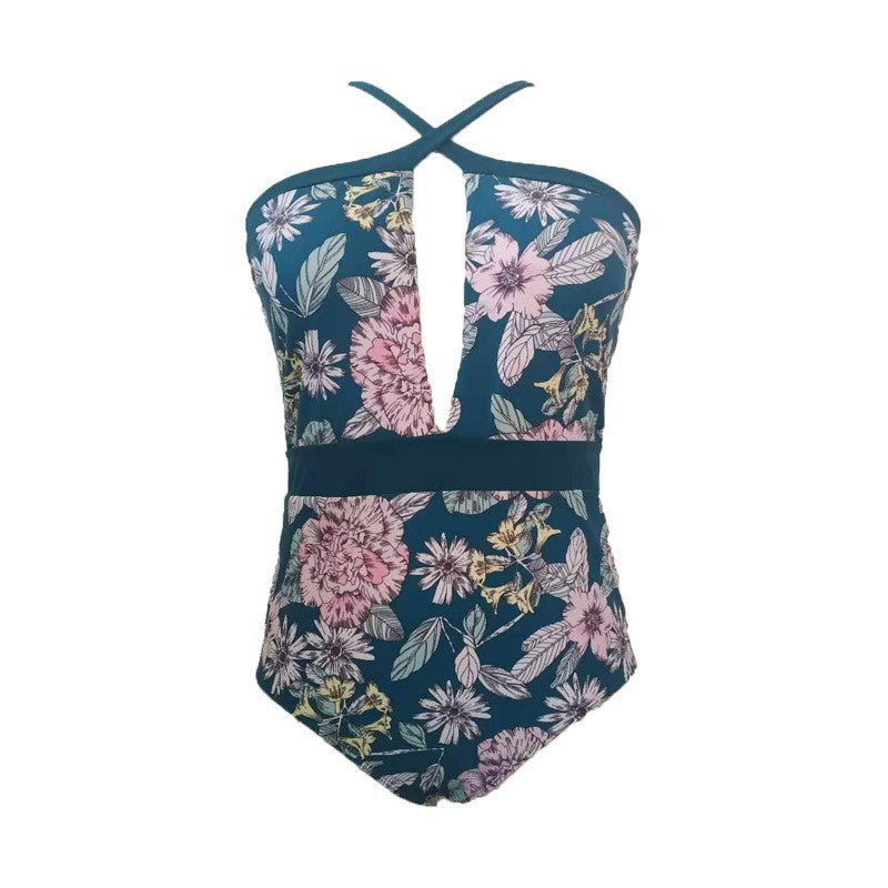 Women’s Sporty Swimsuit with Deep V-Neck and Floral Design StylebySassy