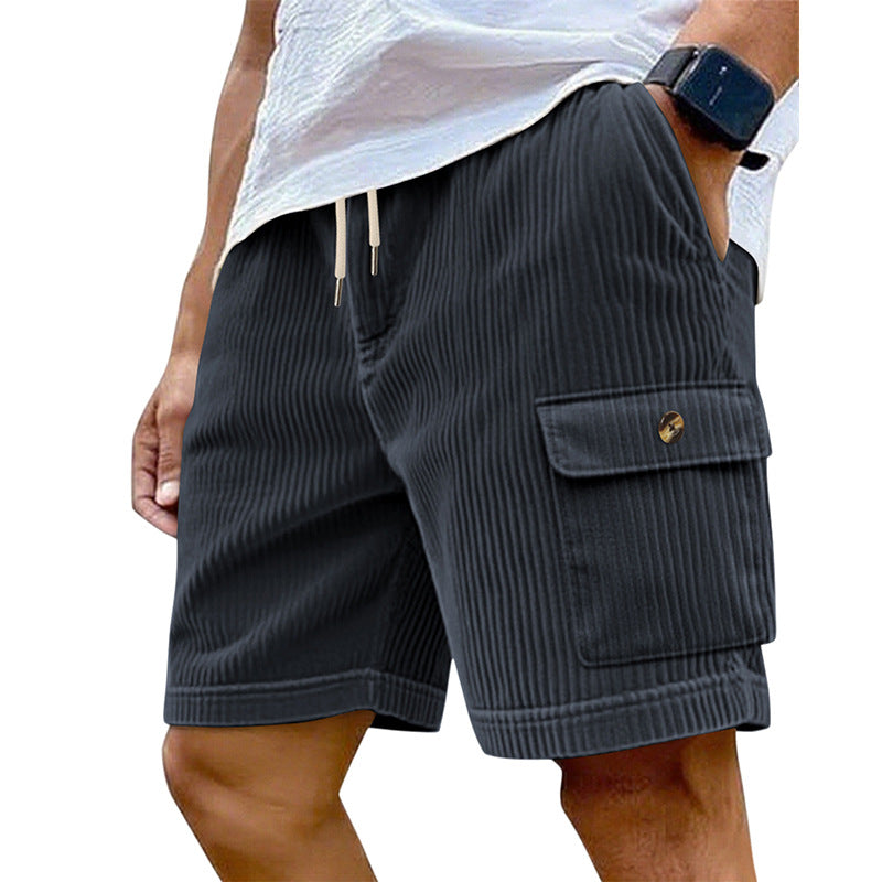 Men's utility cord shorts with elastic drawstring waistband and patch flap pockets StylebySassy