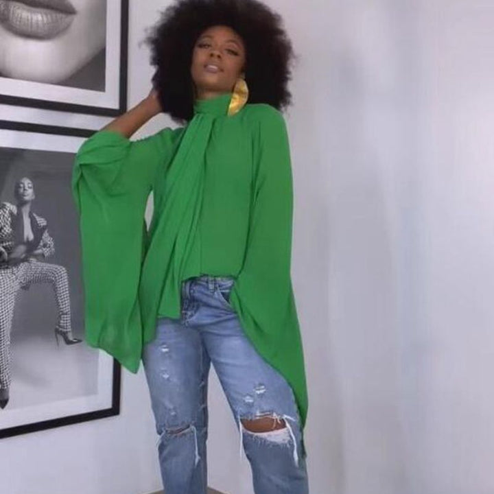 Women’s flowing pull-on blouse with wide batwing sleeves and tie at the neck StylebySassy