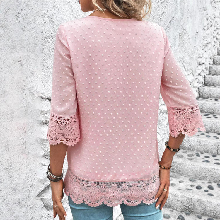 Women nan feminine chiffon tunic with dot relief, V-neck and crochet lace trim StylebySassy