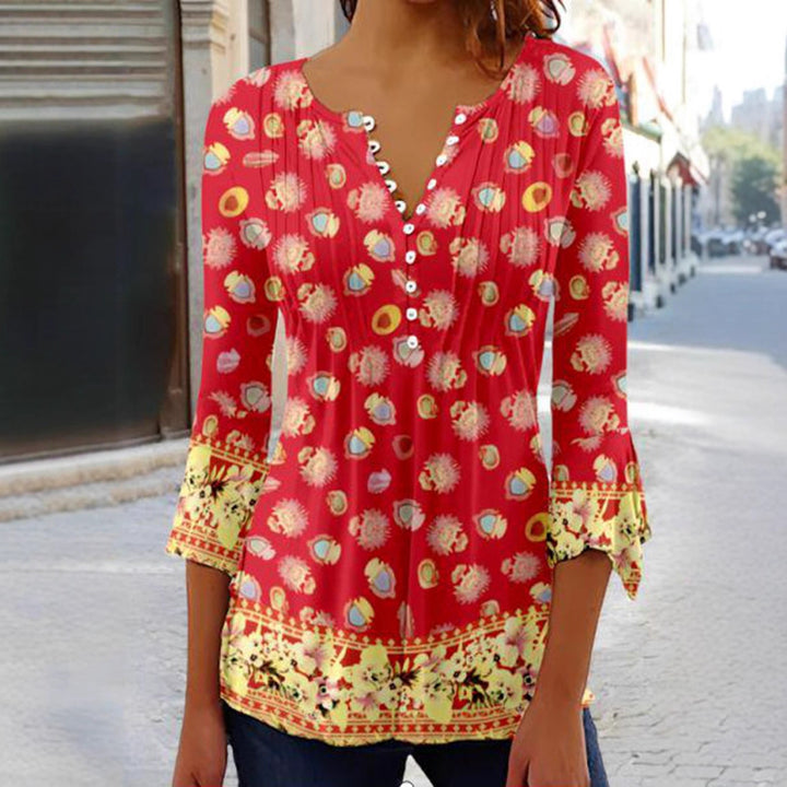 Women nan lightweight Boho blouse with V-neck, decorative pleats, button placket and three-quarter sleeves StylebySassy