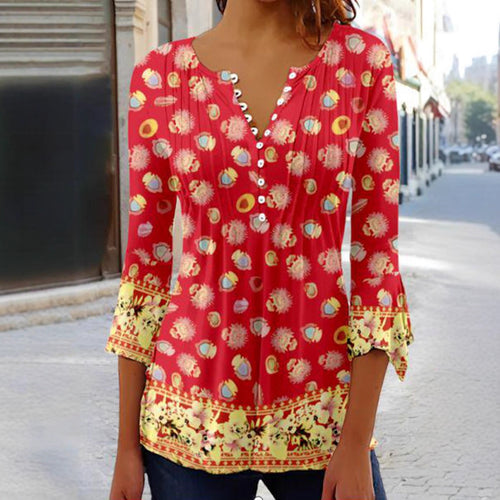 Women nan lightweight Boho blouse with V-neck, decorative pleats, button placket and three-quarter sleeves StylebySassy
