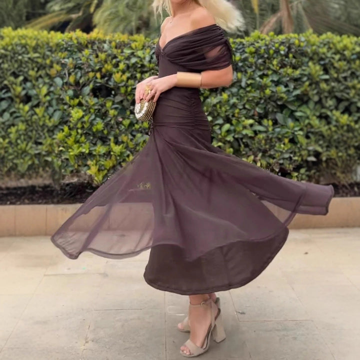 Women nan flowing evening dress with transparent chiffon capelet, V-neck and tailored draping StylebySassy