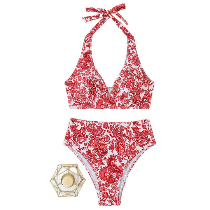 Women's High-Waisted Bikini Set with Floral Design and Playful Halter Top StylebySassy