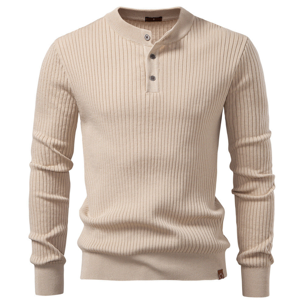 Men's ribbed long-sleeve henley pullover with stand-up collar, fine rib knit and slim fit StylebySassy