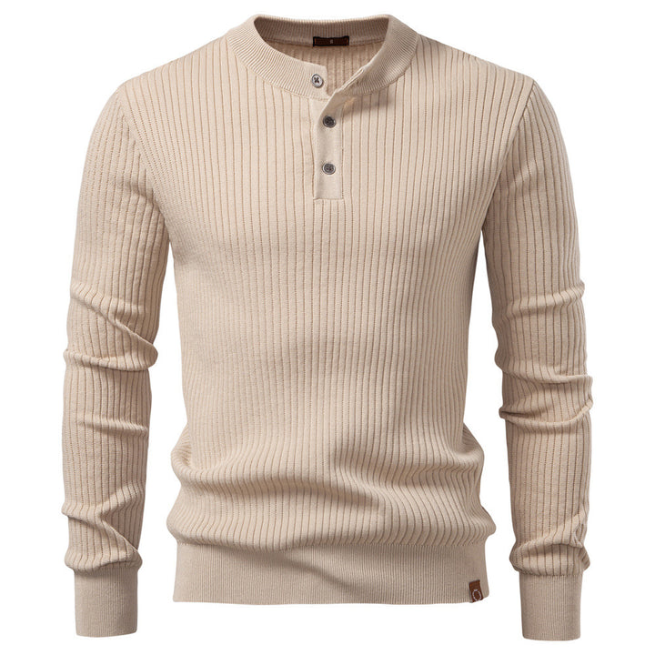 Men's ribbed long-sleeve henley pullover with stand-up collar, fine rib knit and slim fit StylebySassy