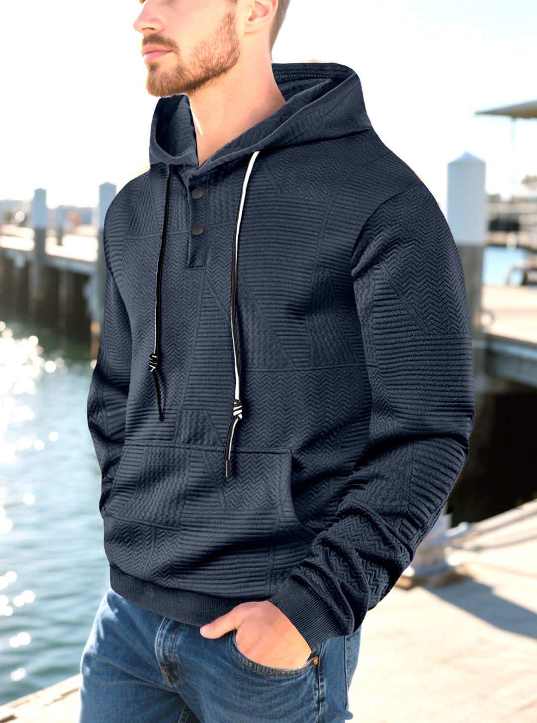 Men's hooded sweatshirt with geometric structure, Henley placket, and kangaroo pocket StylebySassy
