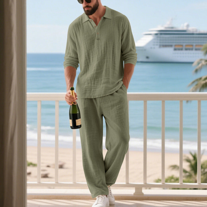 Men's relaxed cotton muslin resort set with polo collar button placket and wide comfort waistband StylebySassy