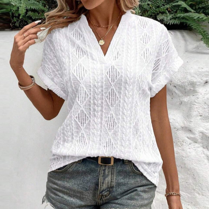 Ladies light ajour knit tunic with V-neck, diamond pattern and rolled-up sleeves StylebySassy