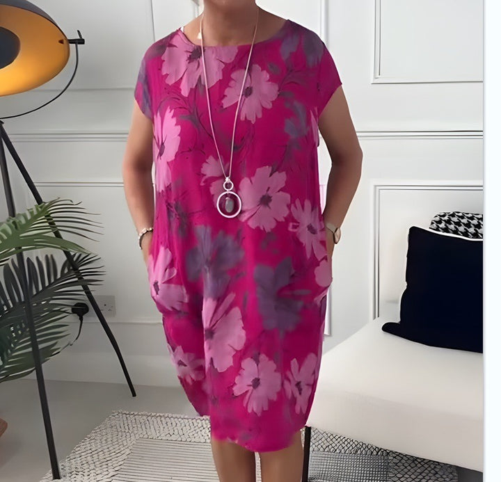 Ladies' airy tunic midi dress made of linen blend with watercolor flower print and side pockets StylebySassy