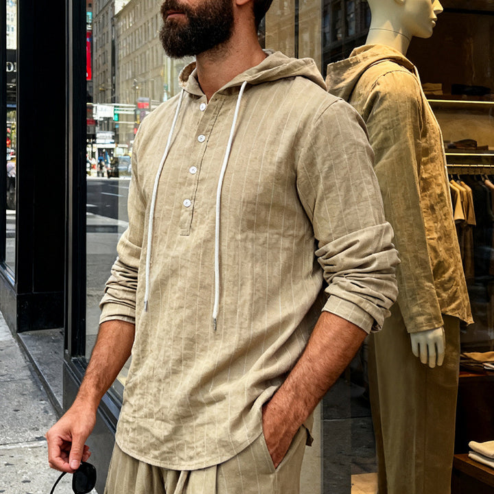 Men's linen blend hoodie shirt with half button placket and pinstripes StylebySassy