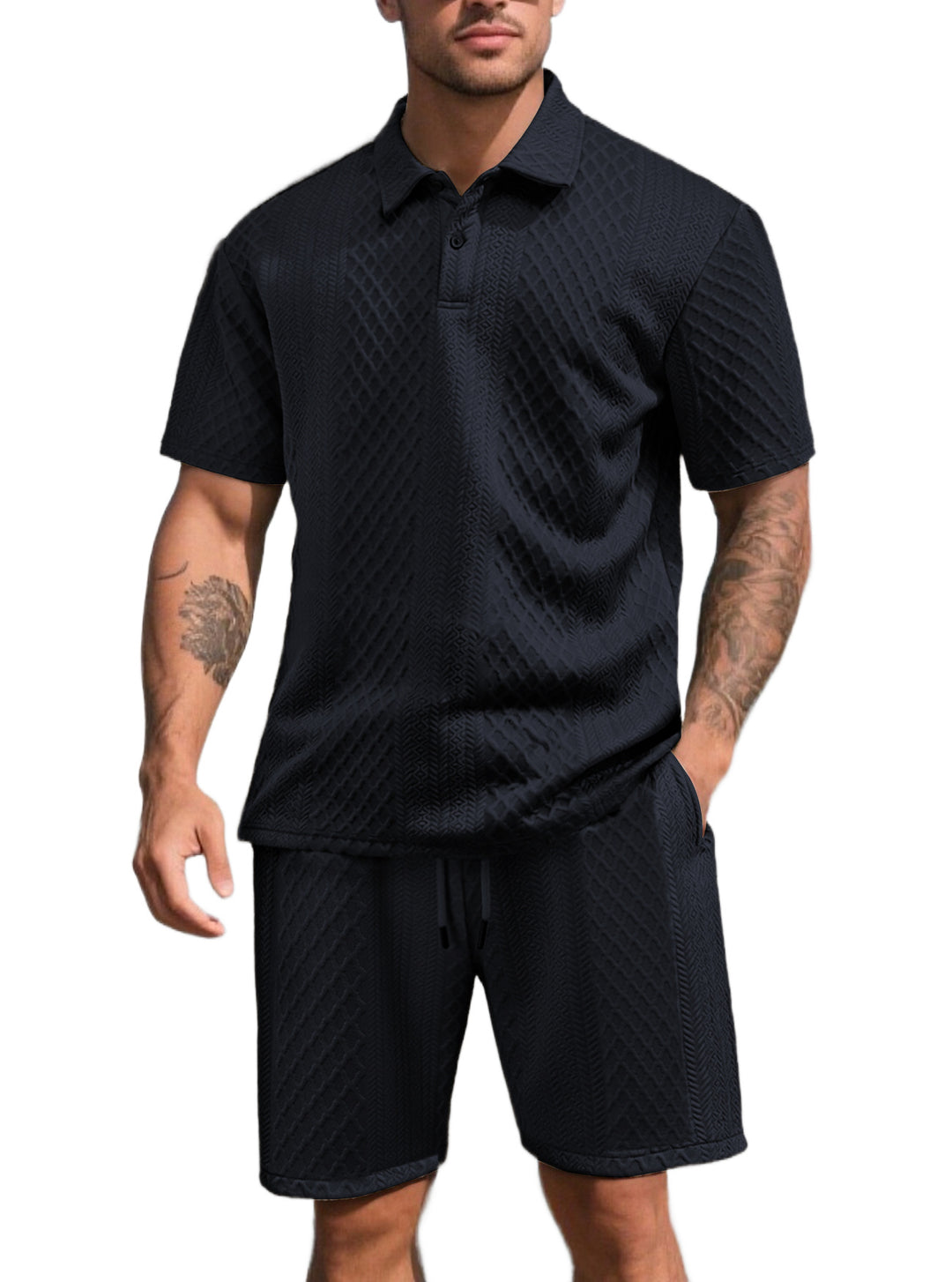 Men's three-dimensional relief leisure set with polo collar, concealed button placket and elastic drawstring shorts StylebySassy